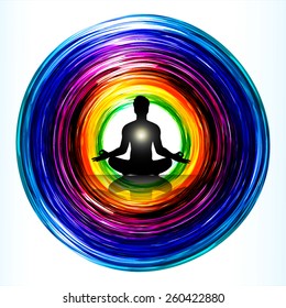 Man meditation on abstract circle rainbow colorful background. yoga. 