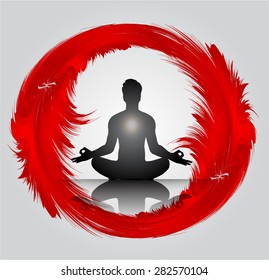 Man meditation on abstract circle red background. yoga.