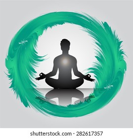 Man meditation on abstract circle blue green background. yoga.