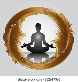 Man meditation on abstract circle brown background. yoga.