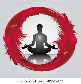 Man meditation on abstract circle pink red background. yoga.