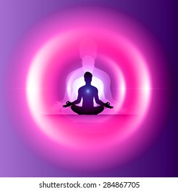 Man meditation on abstract circle aura purple pink background. yoga. beam