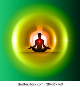 Man meditation on abstract circle aura green yellow red background. yoga. beam