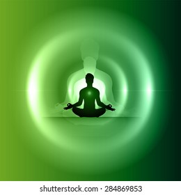 Man meditation on abstract circle aura green background. yoga. beam