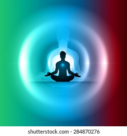 Man meditation on abstract circle aura green blue red background. yoga. beam