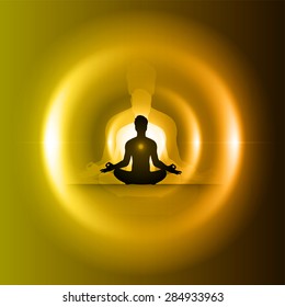 Man Meditation On Abstract Circle Aura Yellow Orange Background. Yoga. Beam