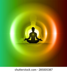 Man meditation on abstract circle aura colorful background. yoga. beam