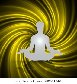 Man meditation on abstract spiral dark yellow background. yoga. braid background