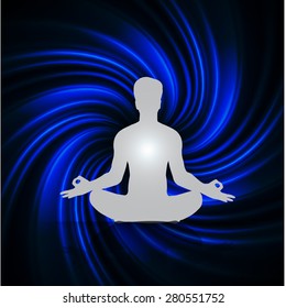 Man meditation on abstract spiral dark blue background. yoga. braid background