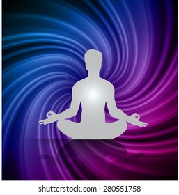 Man meditation on abstract spiral dark blue purple background. yoga. braid background