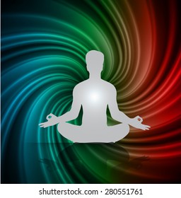 Man meditation on abstract spiral dark blue green redbackground. yoga. braid background