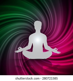 Man meditation on abstract spiral dark green purple pink background. yoga. braid background