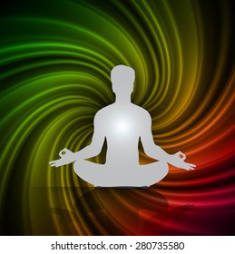 Man meditation on abstract spiral dark green yellow red background. yoga. braid background