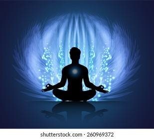 man meditation on background in the form of blue fire.