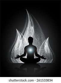 man meditation on black abstract fire background. yoga.