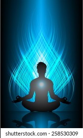 Man meditation on blue abstract wave background. fire. yoga