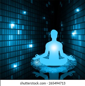 man meditation on blue background. yoga. Mosaic, table, pixels background