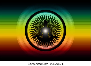 man meditation on blue green yellow red circle abstract background. yoga.