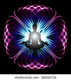 man meditation on blue pink wave abstract background. yoga. 