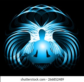 man meditation on blue wave abstract background. yoga. 