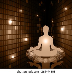 man meditation on brown background. yoga. Mosaic, table, pixels background