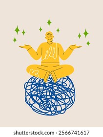 Man in meditation on chaos mess line. Stress management concept. Colorful vector illustration
