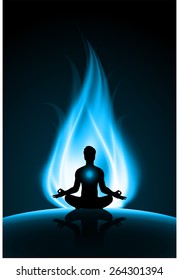 man meditation on dark blue abstract fire background. yoga.