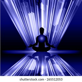 man meditation on dark blue Light Abstract background. yoga.