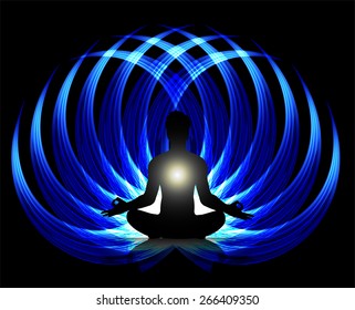 man meditation on dark blue wave abstract background. yoga. 