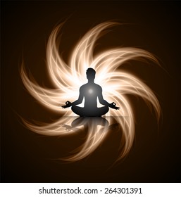 man meditation on dark brown abstract fire background. yoga.