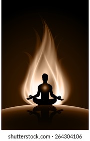 man meditation on dark brown abstract fire background. yoga.
