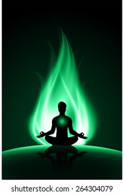 man meditation on dark green abstract fire background. yoga.