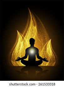 man meditation on dark orange abstract fire background. yoga.