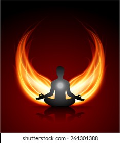 man meditation on dark orange red abstract fire background. yoga.