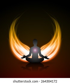 man meditation on dark orange abstract fire background. yoga.