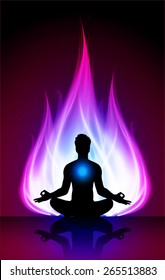 man meditation on dark orange purple blue abstract fire background. yoga.
