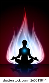 man meditation on dark pink blue abstract fire background. yoga.