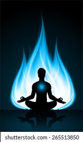 man meditation on dark pink abstract fire background. yoga.