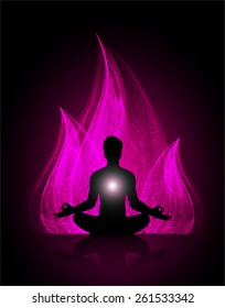 man meditation on dark purple abstract fire background. yoga.