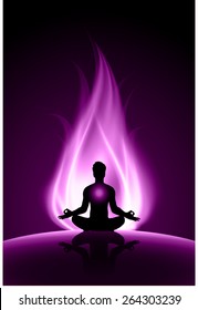 man meditation on dark purple abstract fire background. yoga.