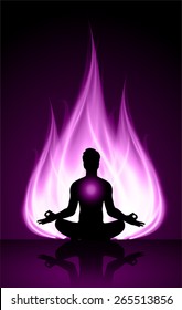 man meditation on dark purple abstract fire background. yoga.