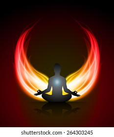 man meditation on dark red orange abstract fire background. yoga.
