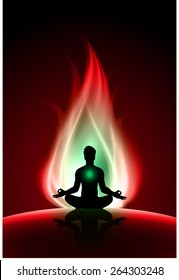 man meditation on dark red green abstract fire background. yoga.