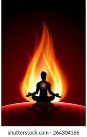 man meditation on dark red orange abstract fire background. yoga.