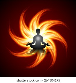 man meditation on dark red orange abstract fire background. yoga.