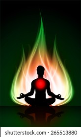 man meditation on dark red green abstract fire background. yoga.
