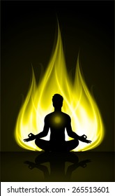 man meditation on dark yellow abstract fire background. yoga.