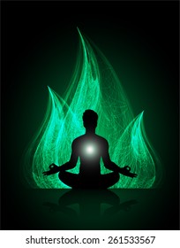 man meditation on green abstract fire background. yoga.