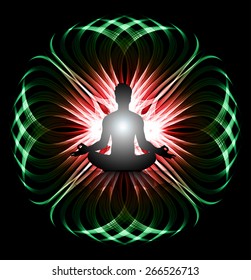 man meditation on green red wave abstract background. yoga. 