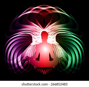 man meditation on green red purple wave abstract background. yoga. 